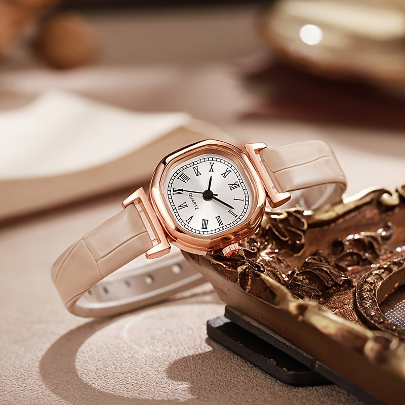 Elegante reloj rosa con correa de piel